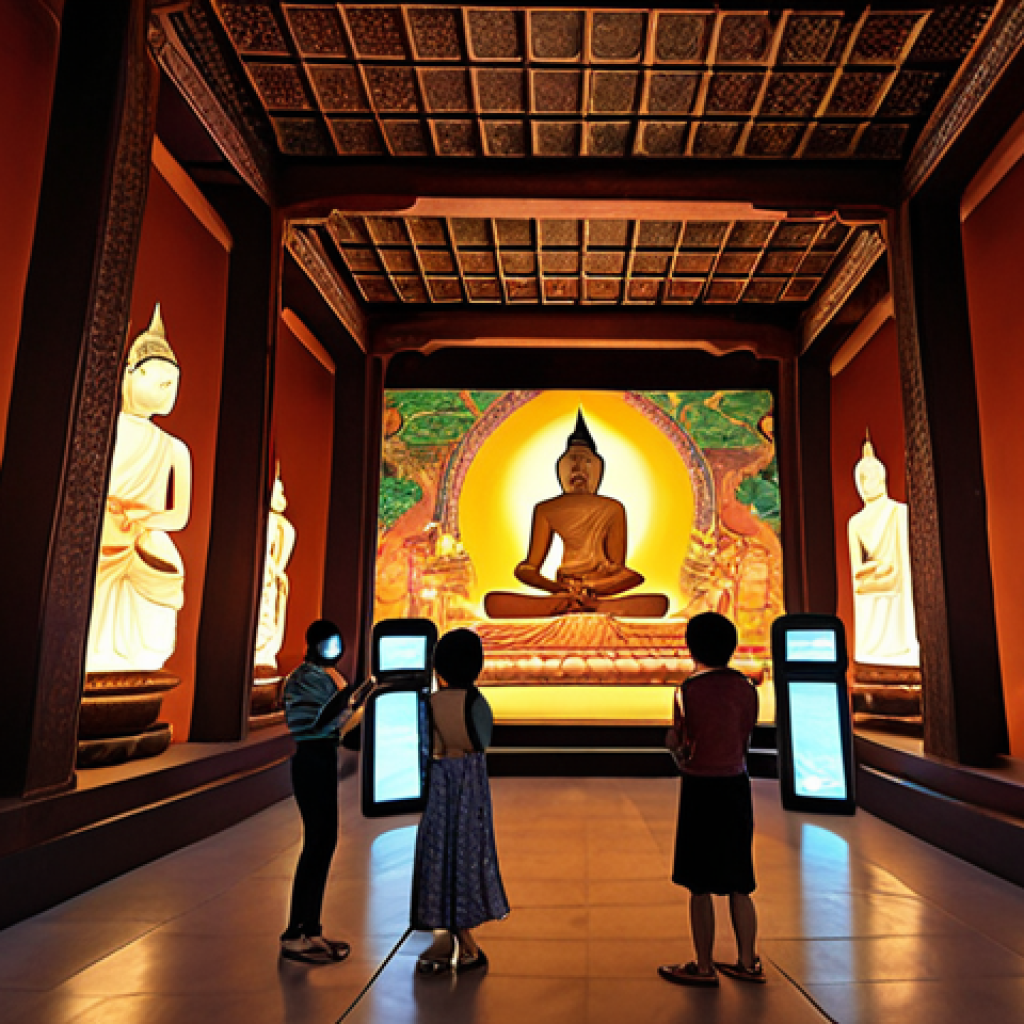 **Image Prompt 1:** A serene, ancient Thai temple interior is dramatically transformed by vibrant, interactive digital light projections. Traditional Lanna art and epic Buddhist narratives come alive on the walls and statues through augmented reality (AR), with glowing 3D characters dancing amidst the stone. Visitors, captivated, interact with the scene using their smartphones, their faces illuminated by the ethereal glow, showcasing a seamless fusion of millennia-old culture and cutting-edge technology.