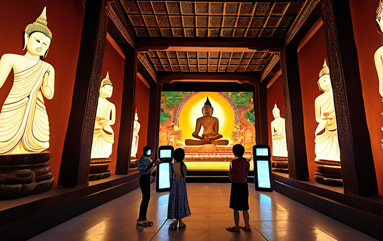 **Image Prompt 1:** A serene, ancient Thai temple interior is dramatically transformed by vibrant, interactive digital light projections. Traditional Lanna art and epic Buddhist narratives come alive on the walls and statues through augmented reality (AR), with glowing 3D characters dancing amidst the stone. Visitors, captivated, interact with the scene using their smartphones, their faces illuminated by the ethereal glow, showcasing a seamless fusion of millennia-old culture and cutting-edge technology.