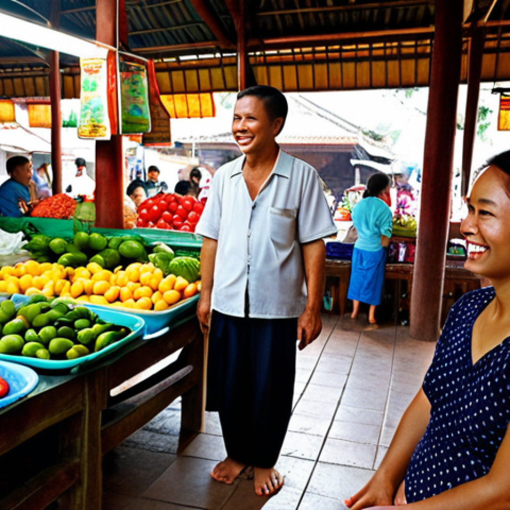 A vibrant, bustling Thai local market scene, showcasing the diversity of regional dialects. In the foreground, a foreign tourist engages in conversation with a smiling Thai vendor, hinting at subtle language nuances. Surrounding them, various Thai people from different regions are interacting, their unique regional identities subtly expressed through gestures and expressions. The atmosphere is warm, authentic, and culturally rich, with colorful traditional market stalls, fresh produce, and local crafts. Emphasize human connection and the lively cultural tapestry of Thailand. Hyperrealistic, detailed, natural lighting.
