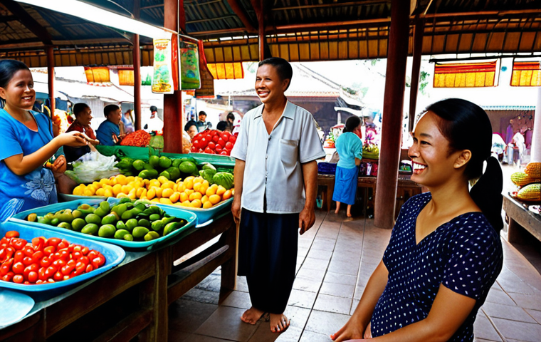 A vibrant, bustling Thai local market scene, showcasing the diversity of regional dialects. In the foreground, a foreign tourist engages in conversation with a smiling Thai vendor, hinting at subtle language nuances. Surrounding them, various Thai people from different regions are interacting, their unique regional identities subtly expressed through gestures and expressions. The atmosphere is warm, authentic, and culturally rich, with colorful traditional market stalls, fresh produce, and local crafts. Emphasize human connection and the lively cultural tapestry of Thailand. Hyperrealistic, detailed, natural lighting.
