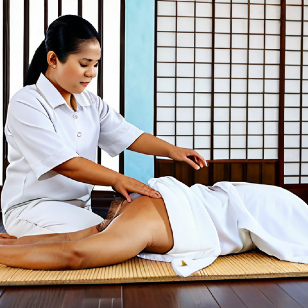 A professional female Thai massage therapist, wearing loose, modest, and comfortable traditional Thai massage attire, gently guides an adult client through a passive stretch. The client is fully clothed in similar comfortable, modest wear, lying in a natural, relaxed pose on a clean mat in a pristine, tranquil traditional Thai wellness studio. Soft natural light illuminates the scene. This high-quality professional photograph emphasizes perfect anatomy, correct proportions, and natural body proportions, with well-formed hands and proper finger count visible. safe for work, appropriate content, fully clothed, professional, modest, family-friendly.