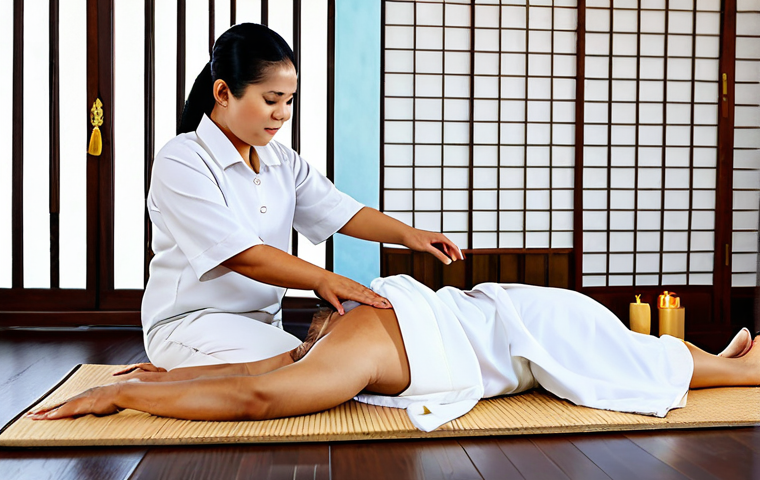 A professional female Thai massage therapist, wearing loose, modest, and comfortable traditional Thai massage attire, gently guides an adult client through a passive stretch. The client is fully clothed in similar comfortable, modest wear, lying in a natural, relaxed pose on a clean mat in a pristine, tranquil traditional Thai wellness studio. Soft natural light illuminates the scene. This high-quality professional photograph emphasizes perfect anatomy, correct proportions, and natural body proportions, with well-formed hands and proper finger count visible. safe for work, appropriate content, fully clothed, professional, modest, family-friendly.