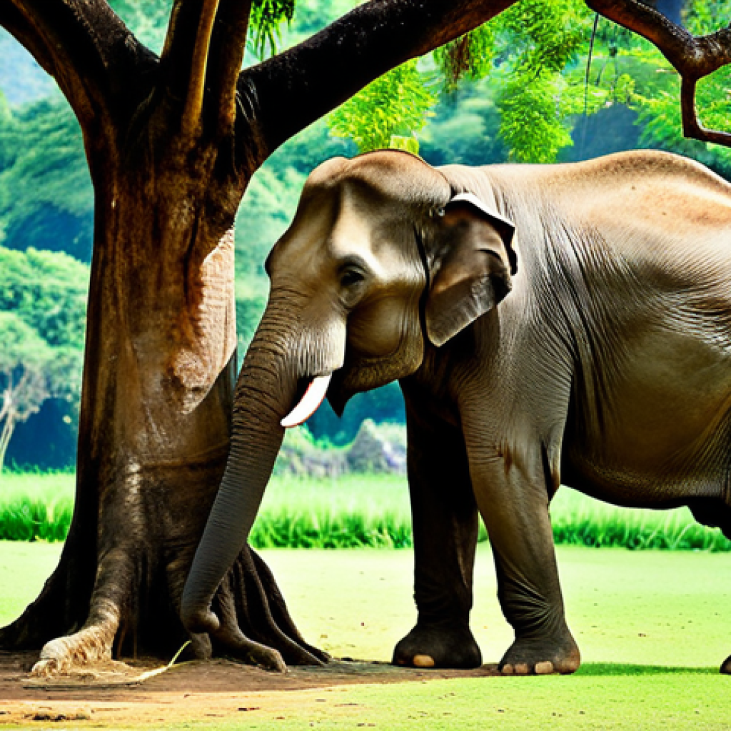 A magnificent, mature Thai elephant standing gracefully near a large, ancient tree within a lush, verdant sanctuary in rural Thailand. The scene is bathed in soft, natural light, reflecting the peaceful coexistence with nature. The elephant exhibits perfect anatomy and natural proportions, conveying its gentle strength. The surrounding environment is pristine and family-friendly. safe for work, appropriate content, professional, high quality, photorealistic.