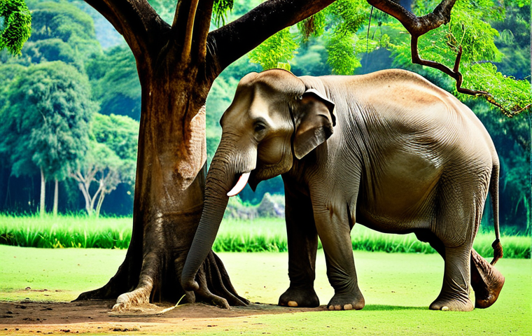 A magnificent, mature Thai elephant standing gracefully near a large, ancient tree within a lush, verdant sanctuary in rural Thailand. The scene is bathed in soft, natural light, reflecting the peaceful coexistence with nature. The elephant exhibits perfect anatomy and natural proportions, conveying its gentle strength. The surrounding environment is pristine and family-friendly. safe for work, appropriate content, professional, high quality, photorealistic.