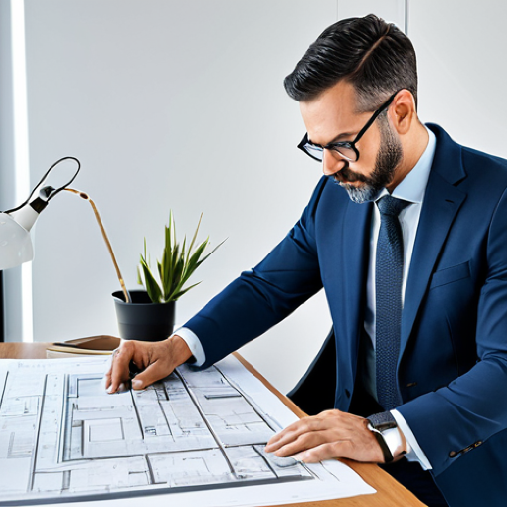 **

"A professional architect in a modern office, reviewing blueprints, wearing a stylish, fully clothed business outfit, with glasses, natural light, safe for work, appropriate content, perfect anatomy, well-formed hands, natural pose, professional attire, family-friendly."

**