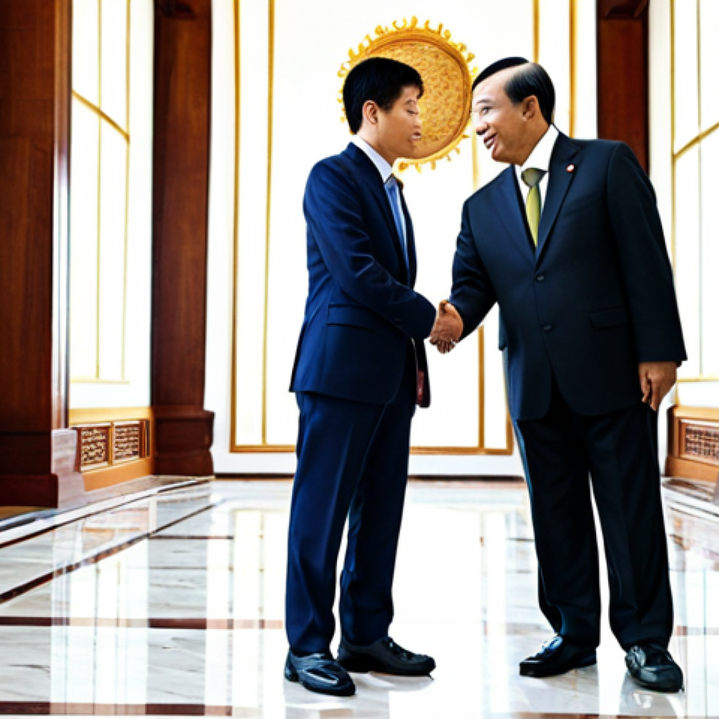 **

"A modern Thai diplomat, fully clothed in a professional business suit, shaking hands with a foreign ambassador in a grand hall, appropriate attire, safe for work, perfect anatomy, natural proportions, professional photography, modest."

**