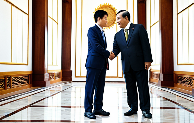 **

"A modern Thai diplomat, fully clothed in a professional business suit, shaking hands with a foreign ambassador in a grand hall, appropriate attire, safe for work, perfect anatomy, natural proportions, professional photography, modest."

**