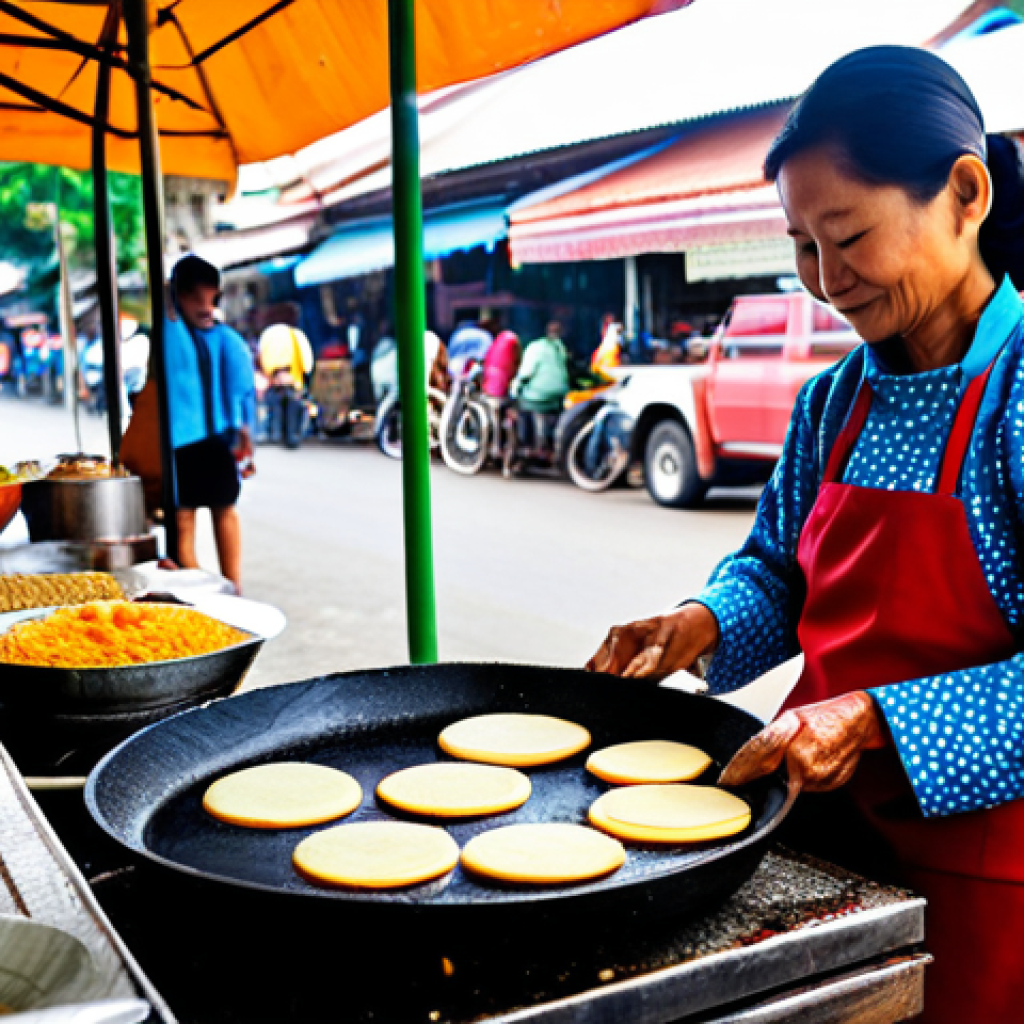 Kanom Krok in a Chiang Mai Market**

"A vendor in a bustling Chiang Mai market, carefully preparing Kanom Krok (mini coconut pancakes) on a traditional cast iron pan. She is fully clothed in modest, colorful Thai clothing. Fresh fruits and other Thai sweets are displayed nearby. The scene is vibrant with activity. Safe for work, appropriate content, perfect anatomy, natural proportions, professional food photography, family-friendly."

**
