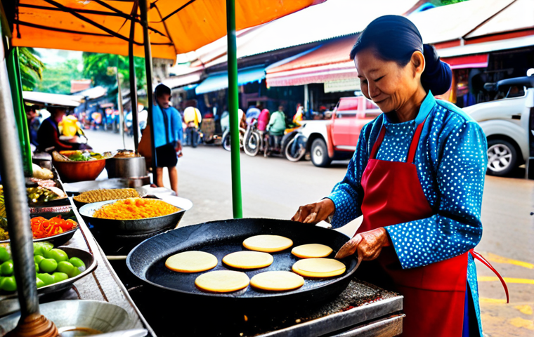 Kanom Krok in a Chiang Mai Market**

"A vendor in a bustling Chiang Mai market, carefully preparing Kanom Krok (mini coconut pancakes) on a traditional cast iron pan. She is fully clothed in modest, colorful Thai clothing. Fresh fruits and other Thai sweets are displayed nearby. The scene is vibrant with activity. Safe for work, appropriate content, perfect anatomy, natural proportions, professional food photography, family-friendly."

**
