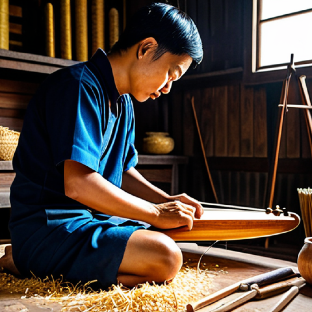 **

"A skilled Thai artisan carefully crafting a *phin* (Thai lute) in a traditional workshop, surrounded by tools and wood shavings, fully clothed, appropriate attire, safe for work, perfect anatomy, natural proportions, professional photography, high quality, showcasing the intricate details of the instrument, warm lighting."

**