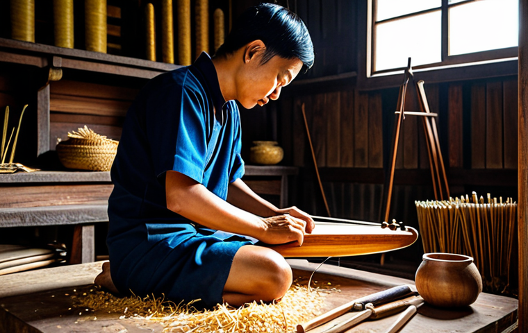 **

"A skilled Thai artisan carefully crafting a *phin* (Thai lute) in a traditional workshop, surrounded by tools and wood shavings, fully clothed, appropriate attire, safe for work, perfect anatomy, natural proportions, professional photography, high quality, showcasing the intricate details of the instrument, warm lighting."

**