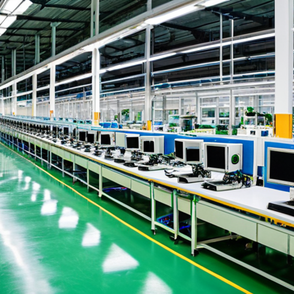 Electronics Manufacturing in Thailand**

A sprawling, modern electronics factory near Bangkok, Thailand, filled with advanced robotic assembly lines. Workers in cleanroom suits meticulously assemble components. The factory exterior shows a lush, green landscape contrasting with the high-tech interior. Focus on the precision and scale of the operation. Safe for work, appropriate content, fully clothed, professional setting, demonstrating Thailand's position as a hub for electronics production. Perfect anatomy, correct proportions, natural pose, professional photography, high quality.

**