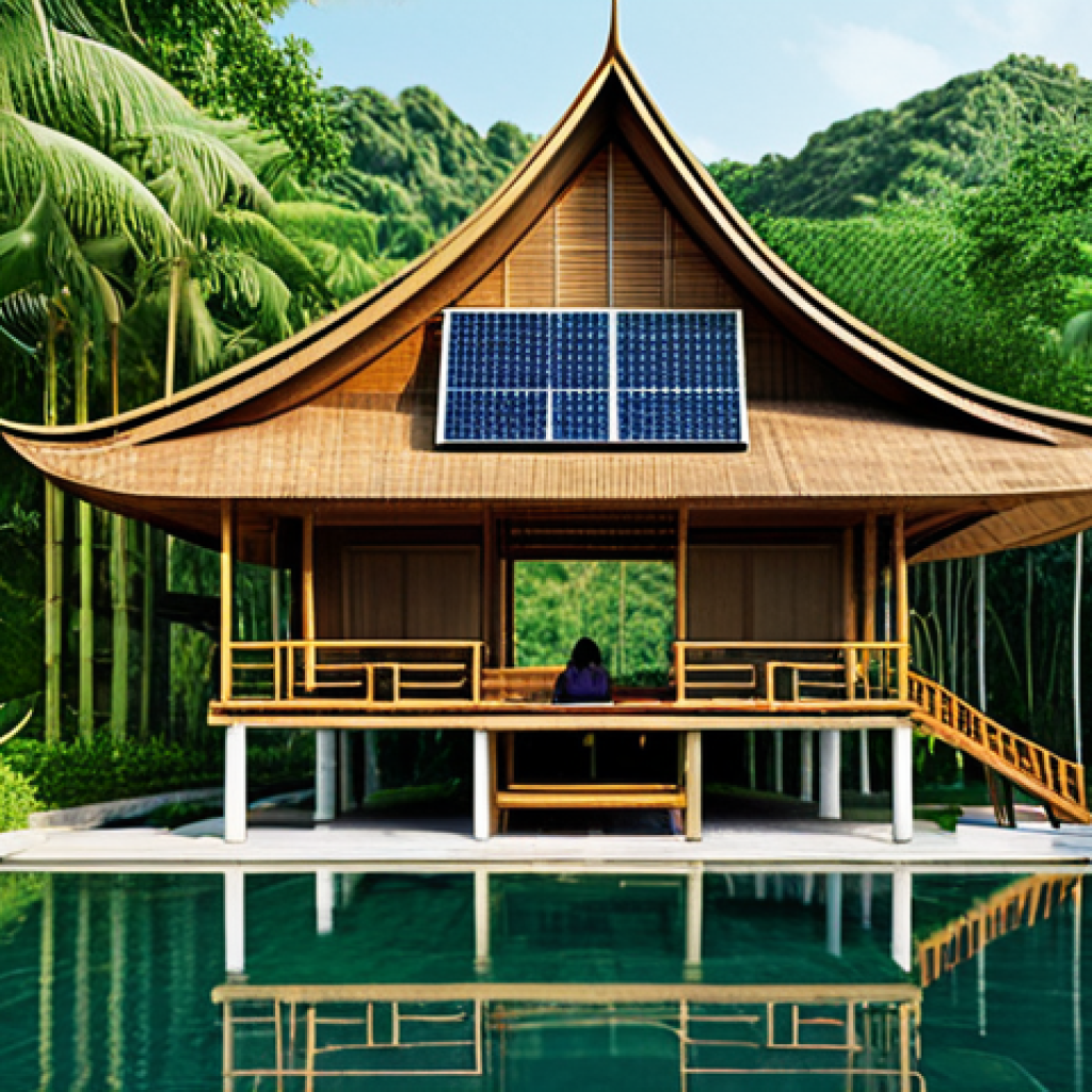 **

"Modern Thai architecture blending traditional elements, featuring a sustainable resort with bamboo structures, lush greenery, and solar panels. Fully clothed tourists enjoying the eco-friendly environment, appropriate attire, safe for work, perfect anatomy, correct proportions, professional photography, high quality, modest design."

**