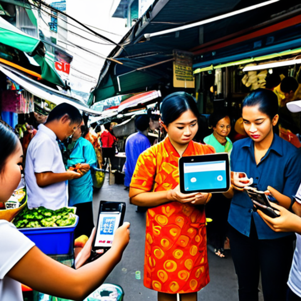 Digital Payments in Thailand**

"A bustling Thai street market scene, vendors using QR codes on their phones to receive payments, customers using digital wallets. Bright, colorful, lots of activity. Everyone is fully clothed in appropriate attire. Safe for work. Perfect anatomy, correct proportions, natural pose, professional photography, high quality, family-friendly."

**
