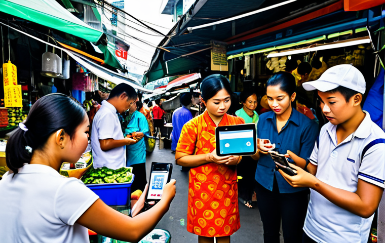 Digital Payments in Thailand**

"A bustling Thai street market scene, vendors using QR codes on their phones to receive payments, customers using digital wallets. Bright, colorful, lots of activity. Everyone is fully clothed in appropriate attire. Safe for work. Perfect anatomy, correct proportions, natural pose, professional photography, high quality, family-friendly."

**