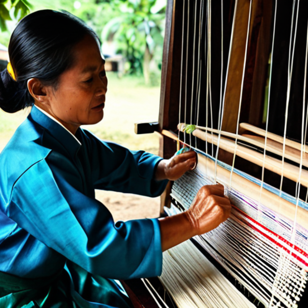 태국의 공예품 산업 - **Thai Silk Weaver at Work:** "A skilled Thai artisan, fully clothed in traditional modest clothing,...