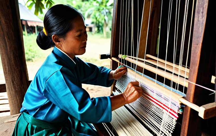 태국의 공예품 산업 - **Thai Silk Weaver at Work:** "A skilled Thai artisan, fully clothed in traditional modest clothing,...