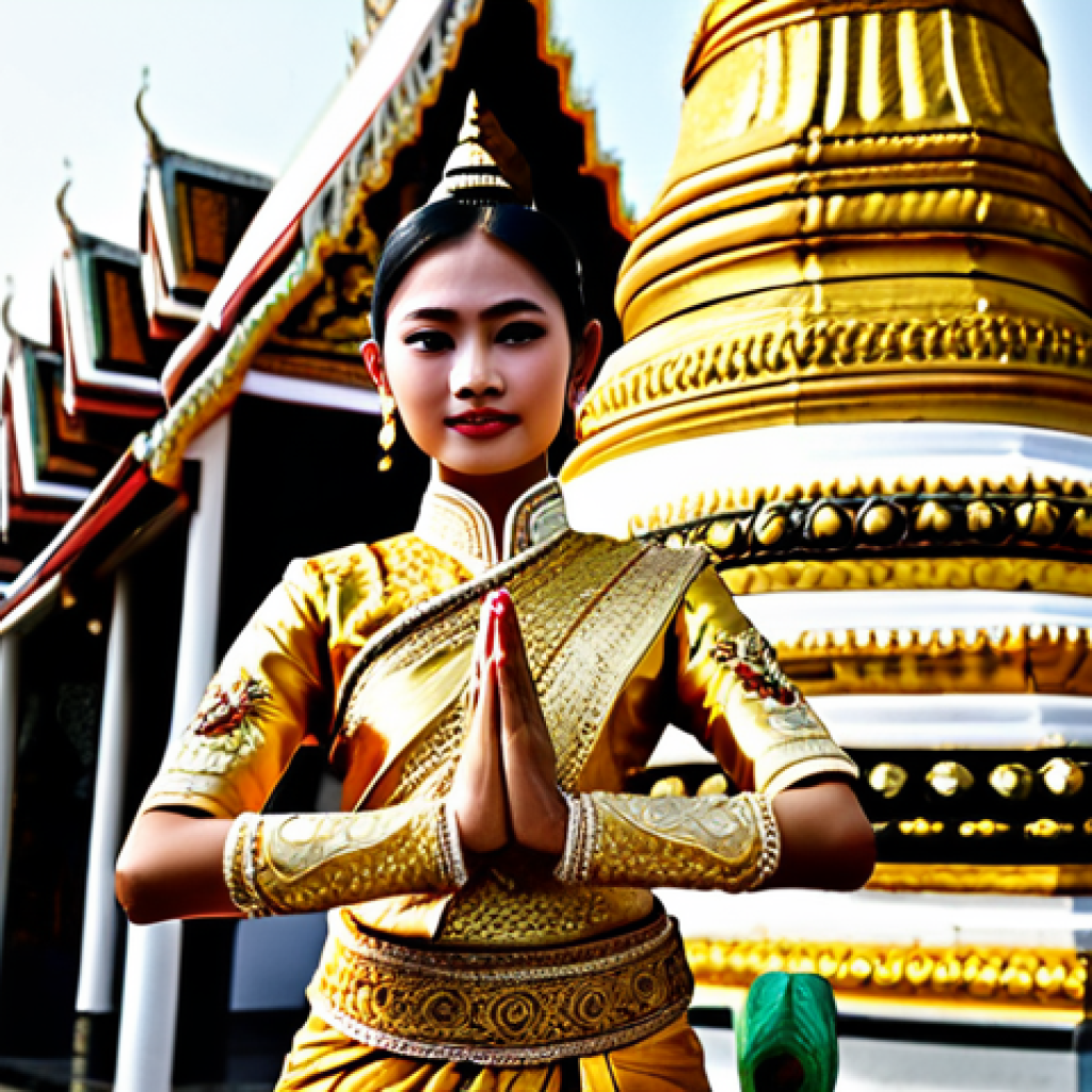 태국 전통 춤 종류 - Classical Thai Dancer**

"A Thai classical dancer in a golden, intricately embroidered costume, perf...