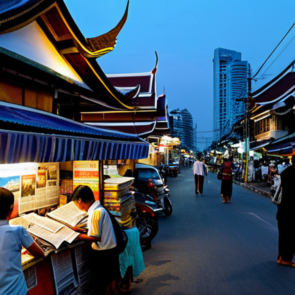 태국의 저널리즘 발전 - **Prompt 1: The Confluence of Tradition and Digital in Bangkok**
    A bustling street scene in Bang...
