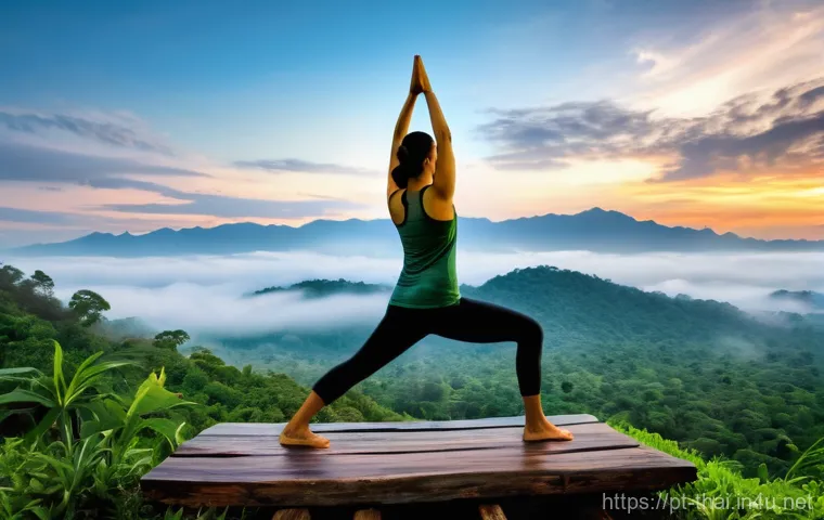 태국에서 요가 리트릿 - **Prompt: Serene Mountain Yoga Retreat in Northern Thailand**
    "A tranquil woman in her late 20s,...