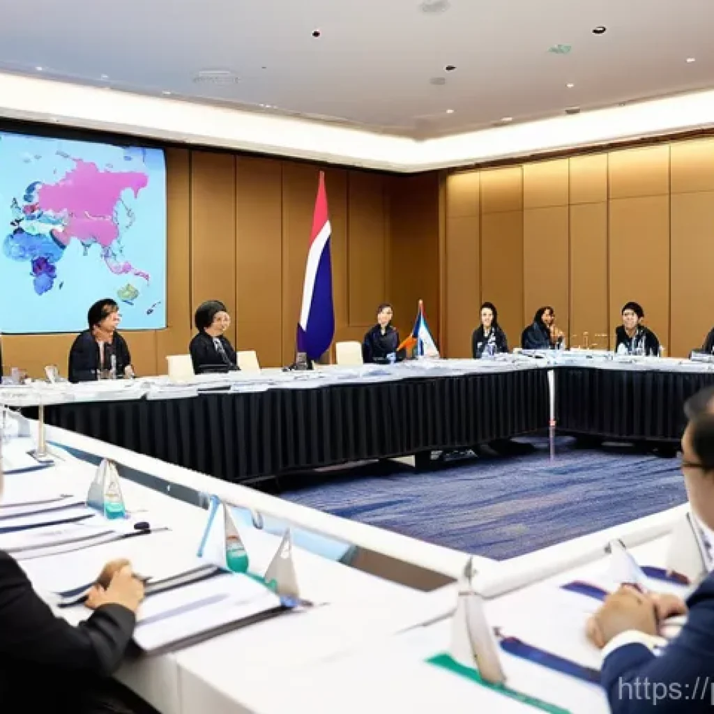 태국의 국제 관계 전략 - **Prompt:** A visually rich, wide-angle shot of a vibrant, modern conference hall. In the foreground...