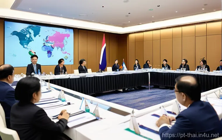태국의 국제 관계 전략 - **Prompt:** A visually rich, wide-angle shot of a vibrant, modern conference hall. In the foreground...