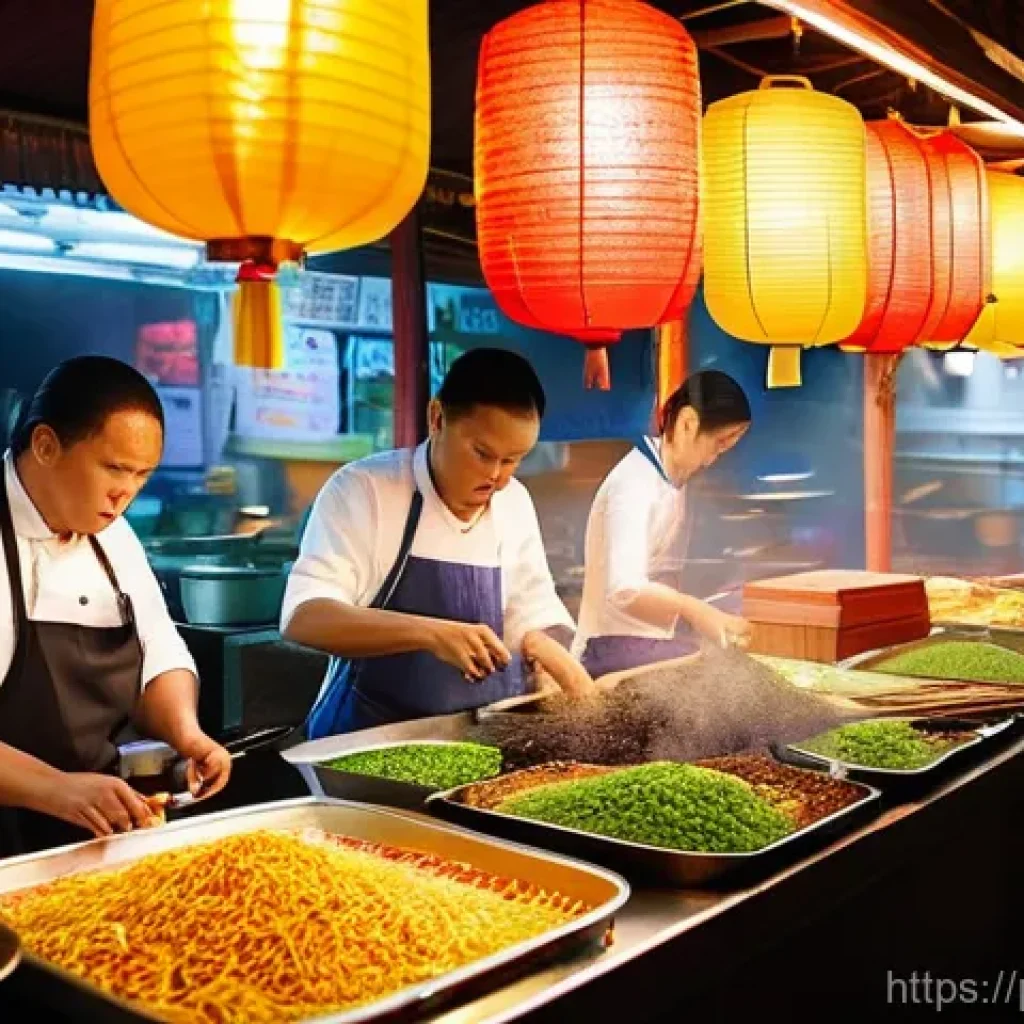 태국 전통 음식의 기원 - **"A vibrant and bustling Thai street food market scene at dusk. The atmosphere is lively, with nume...