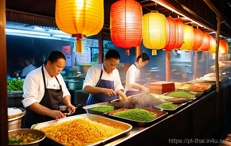 태국 전통 음식의 기원 - **"A vibrant and bustling Thai street food market scene at dusk. The atmosphere is lively, with nume...
