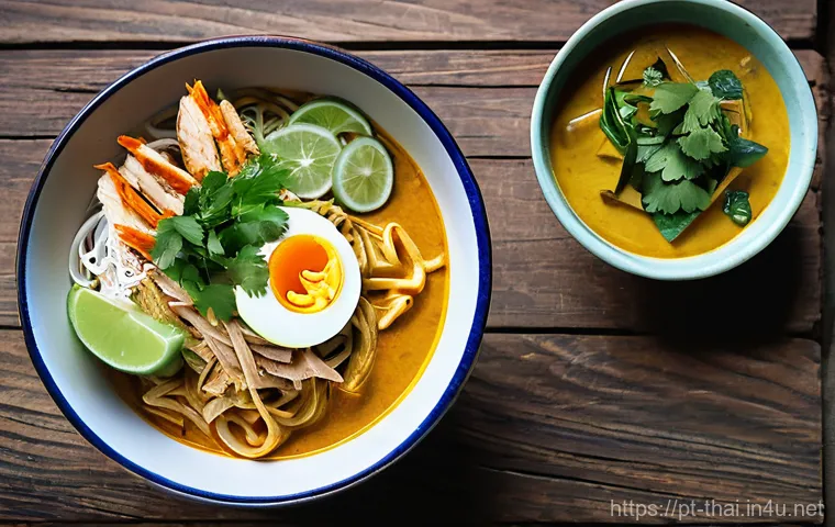 태국 전통 음식의 기원 - **"A close-up, artistic shot showcasing the preparation of a traditional Thai curry. The hands of a ...