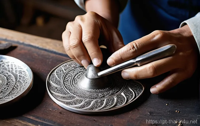 태국의 전통 공예 수업 - **Traditional Thai Silk Weaving in Progress**
    An evocative medium shot of a Thai woman artisan, ...