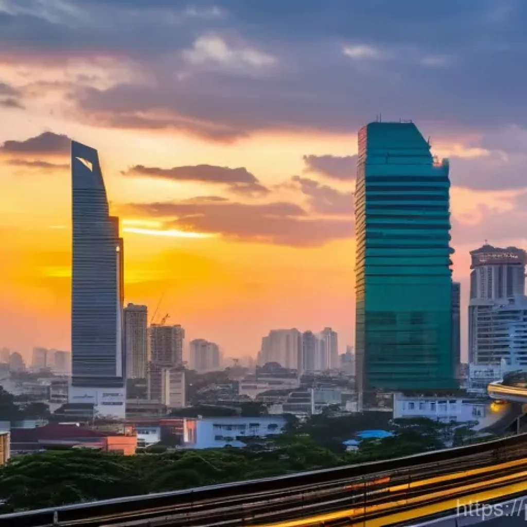 태국과의 무역 정보 - **Prompt:** "A vibrant, panoramic view of Bangkok's modern business district at sunset, showcasing s...