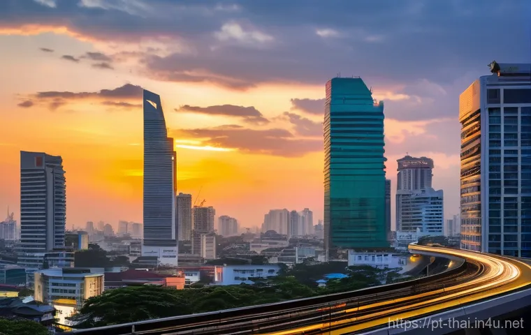 태국과의 무역 정보 - **Prompt:** "A vibrant, panoramic view of Bangkok's modern business district at sunset, showcasing s...