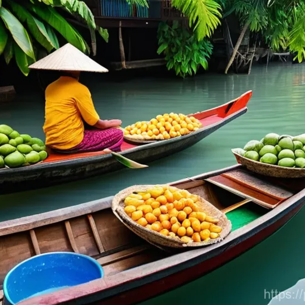 태국 전통 시장 탐방 - **Prompt:** "A vibrant, authentic Thai floating market at early morning. Traditional wooden boats, b...