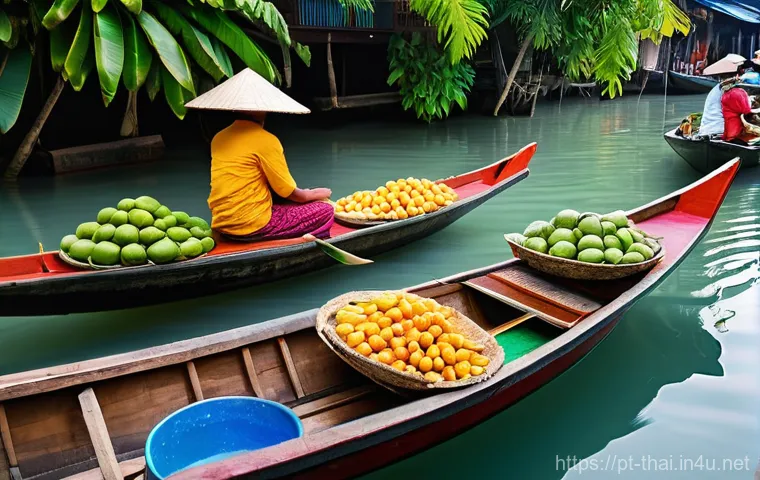 태국 전통 시장 탐방 - **Prompt:** "A vibrant, authentic Thai floating market at early morning. Traditional wooden boats, b...