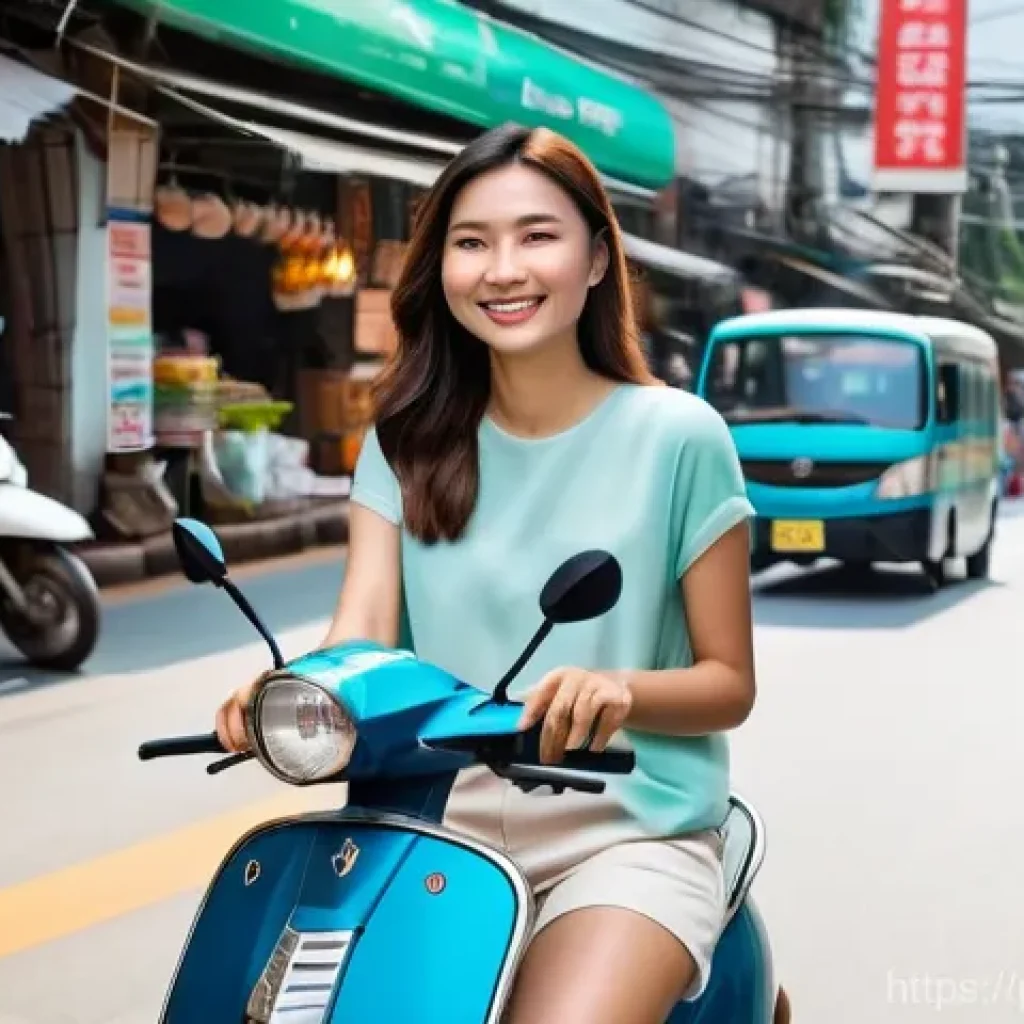 태국의 대중 교통 앱 - A vibrant street scene in Bangkok during the daytime, with a confident female traveler in her late 2...