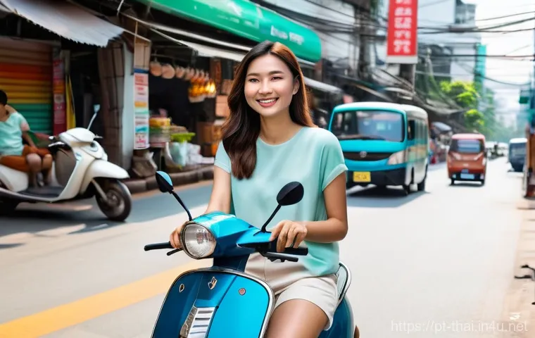 태국의 대중 교통 앱 - A vibrant street scene in Bangkok during the daytime, with a confident female traveler in her late 2...