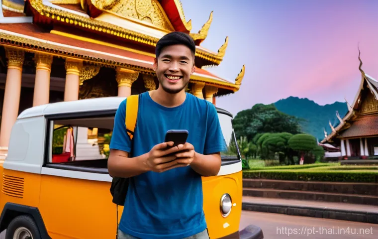 태국의 대중 교통 앱 - A couple in their 30s, dressed in casual, modest vacation attire suitable for warm weather (e.g., a ...