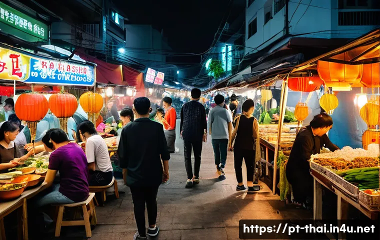 태국과 인접 국가 여행 - **Vibrant Southeast Asian Night Market Culinary Experience:**
    "A bustling night market scene in ...