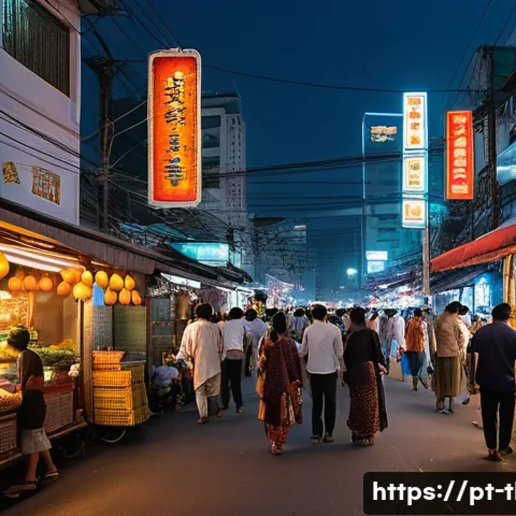 태국의 현대 문학 발전 - A bustling Bangkok street scene at dusk, blending traditional Thai cultural elements like ornate Bud...