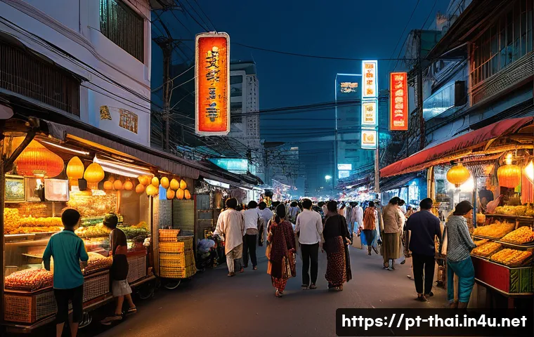 태국의 현대 문학 발전 - A bustling Bangkok street scene at dusk, blending traditional Thai cultural elements like ornate Bud...