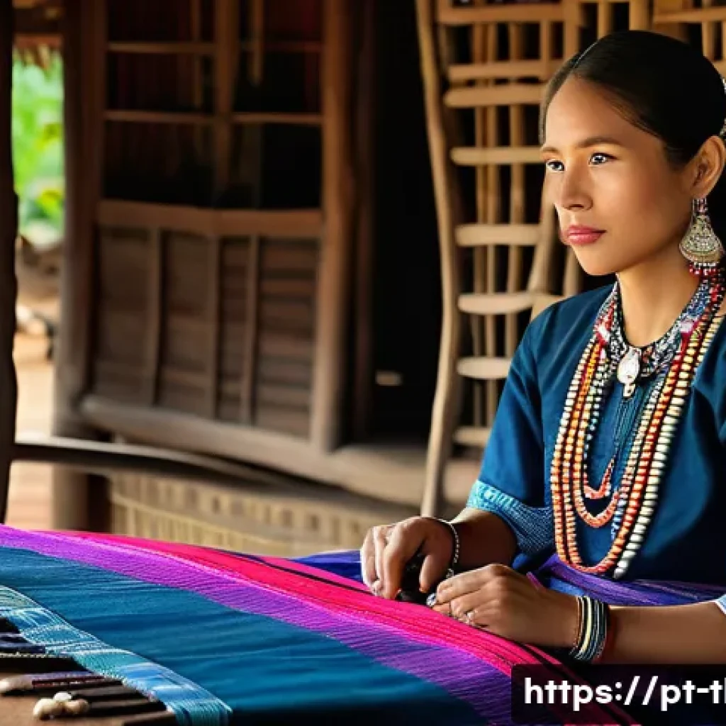 태국의 소수 민족 문화 - A detailed scene depicting an indigenous Karen woman from Northern Thailand, dressed in traditional ...