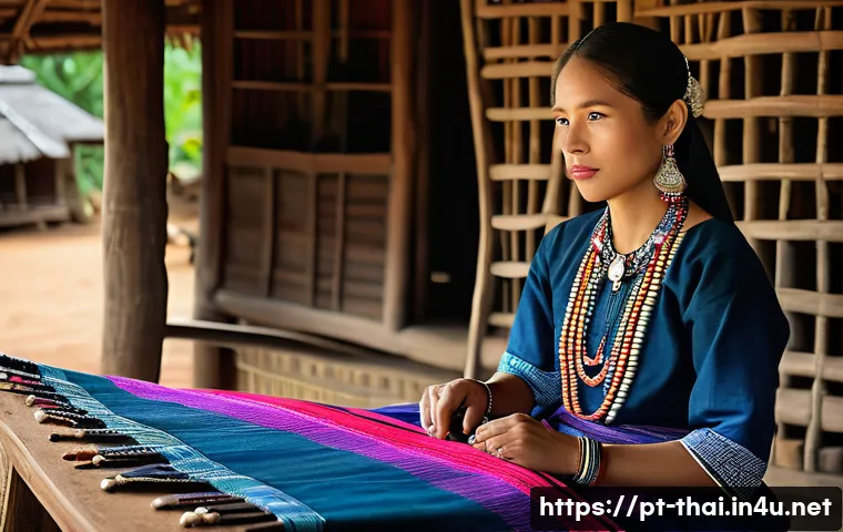 태국의 소수 민족 문화 - A detailed scene depicting an indigenous Karen woman from Northern Thailand, dressed in traditional ...