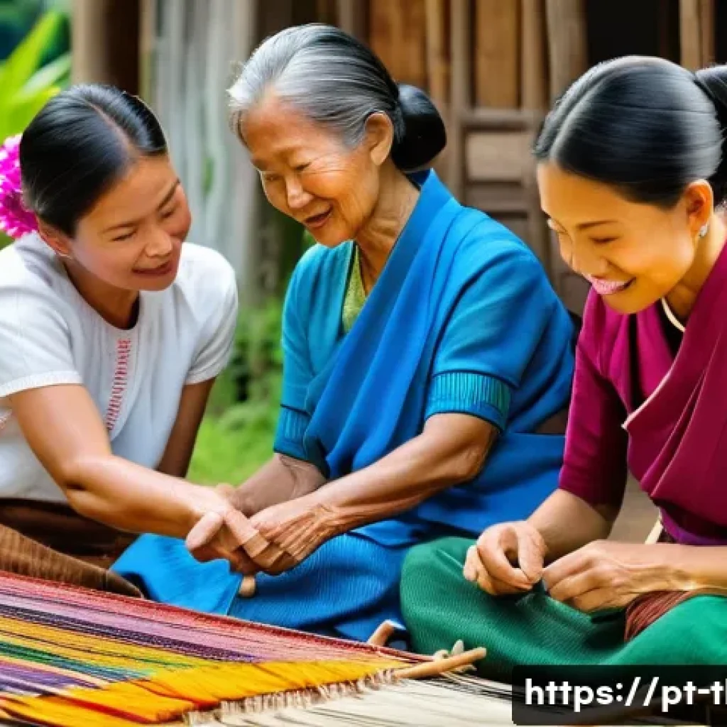 태국 여행과 ESG 관광 - A vibrant scene of a sustainable rural Thai village in Chiang Mai during a traditional weaving works...