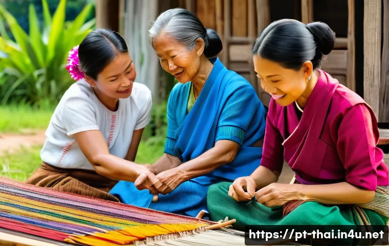 태국 여행과 ESG 관광 - A vibrant scene of a sustainable rural Thai village in Chiang Mai during a traditional weaving works...
