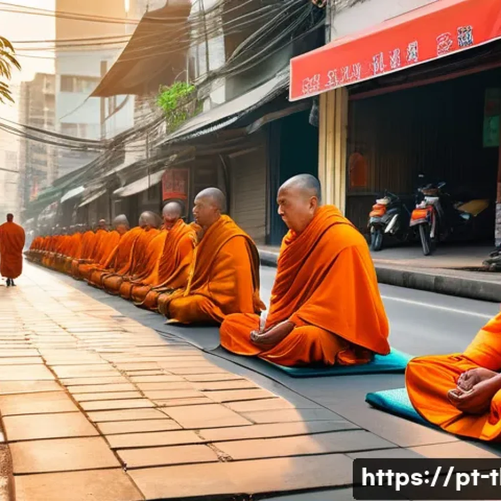 태국의 종교적 의례 - A serene early morning scene in a bustling Bangkok street, featuring a diverse group of people dress...