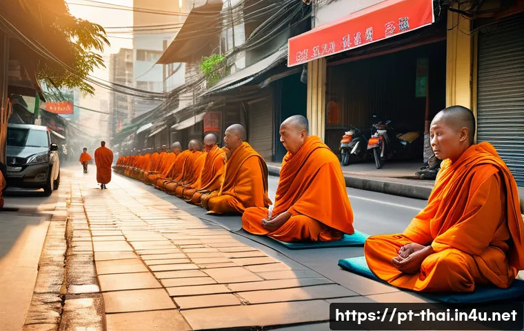 태국의 종교적 의례 - A serene early morning scene in a bustling Bangkok street, featuring a diverse group of people dress...