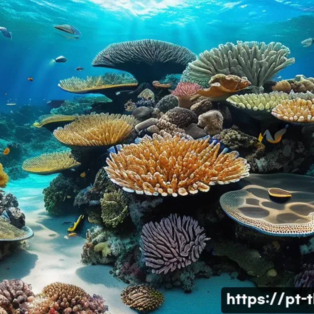 태국의 해양 생물 연구 - A vibrant underwater scene showcasing a complex Thai coral reef ecosystem with diverse species of co...
