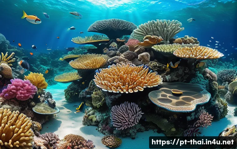 태국의 해양 생물 연구 - A vibrant underwater scene showcasing a complex Thai coral reef ecosystem with diverse species of co...