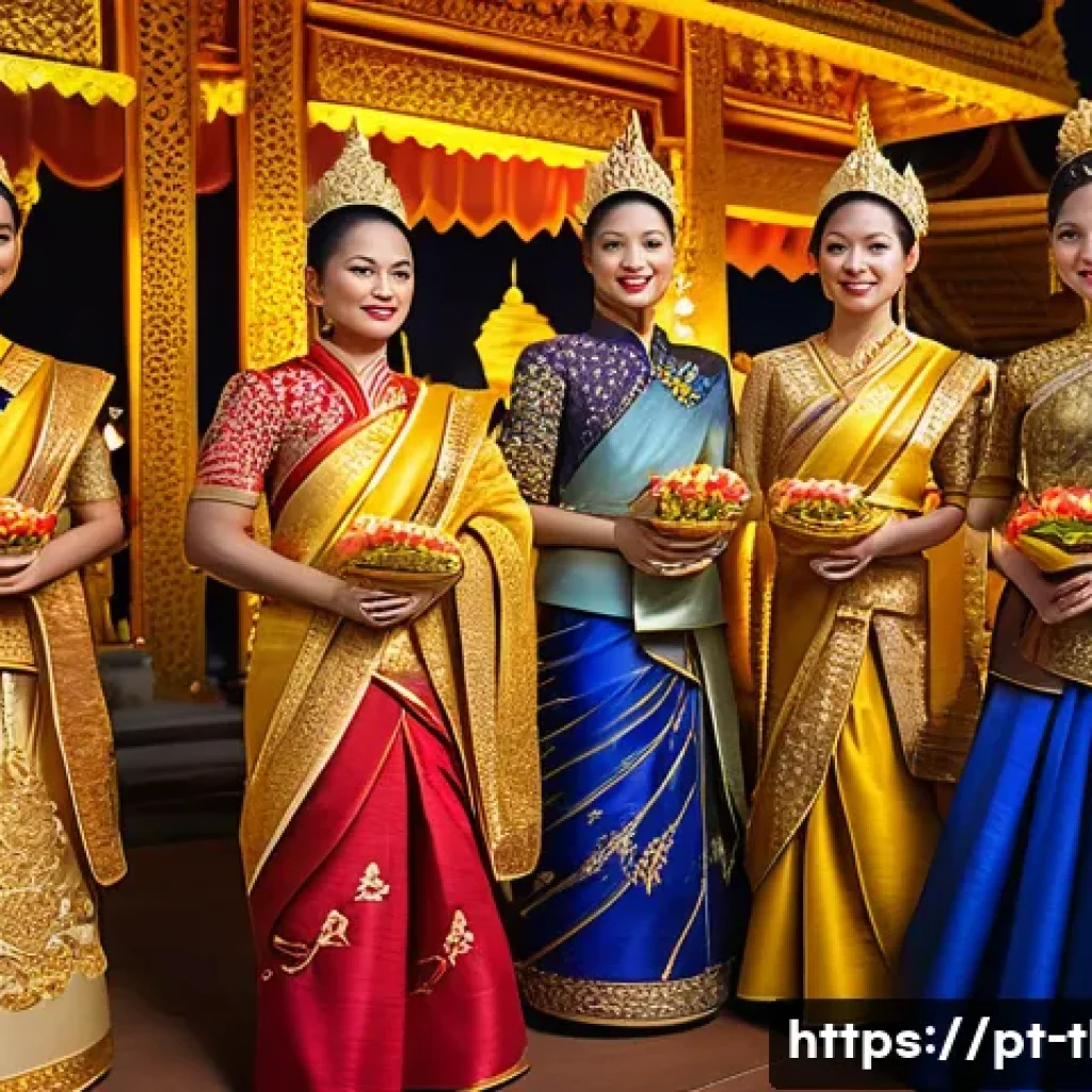 태국의 축제 의상 의미 - A vibrant traditional Thai festival scene featuring men and women dressed in richly detailed silk ga...