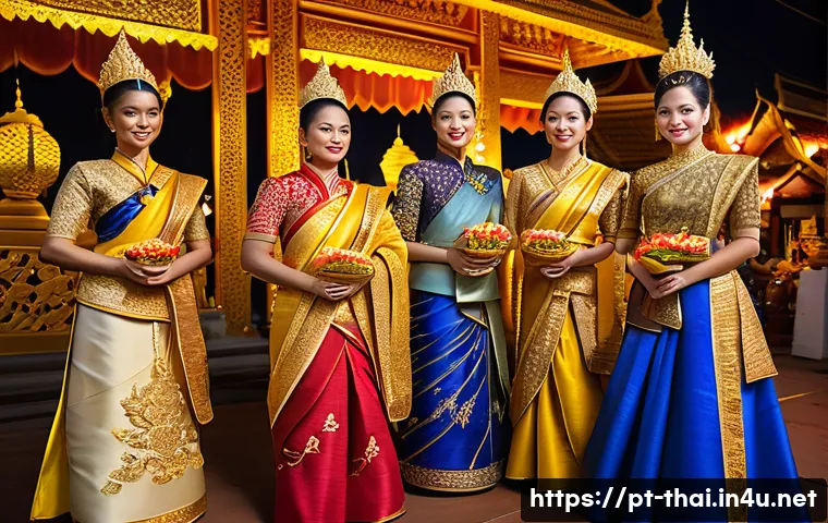 태국의 축제 의상 의미 - A vibrant traditional Thai festival scene featuring men and women dressed in richly detailed silk ga...
